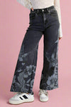 Floral Print Washed Denim Pants - Black