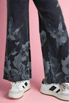 Floral Print Washed Denim Pants - Black