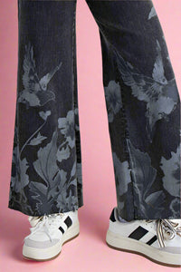 Floral Print Washed Denim Pants - Black
