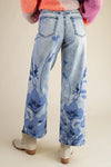 Floral Print Washed Denim Pants - Blue