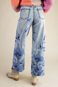Floral Print Washed Denim Pants - Blue