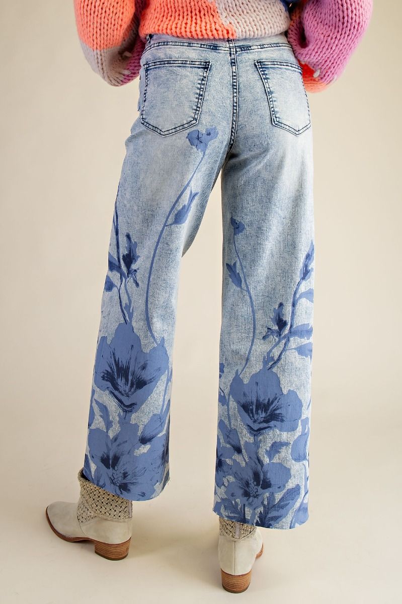 Floral Print Washed Denim Pants - Blue