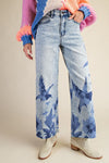Floral Print Washed Denim Pants - Blue