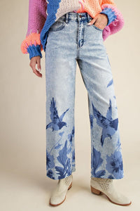 Floral Print Washed Denim Pants - Blue