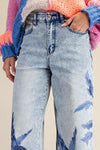 Floral Print Washed Denim Pants - Blue