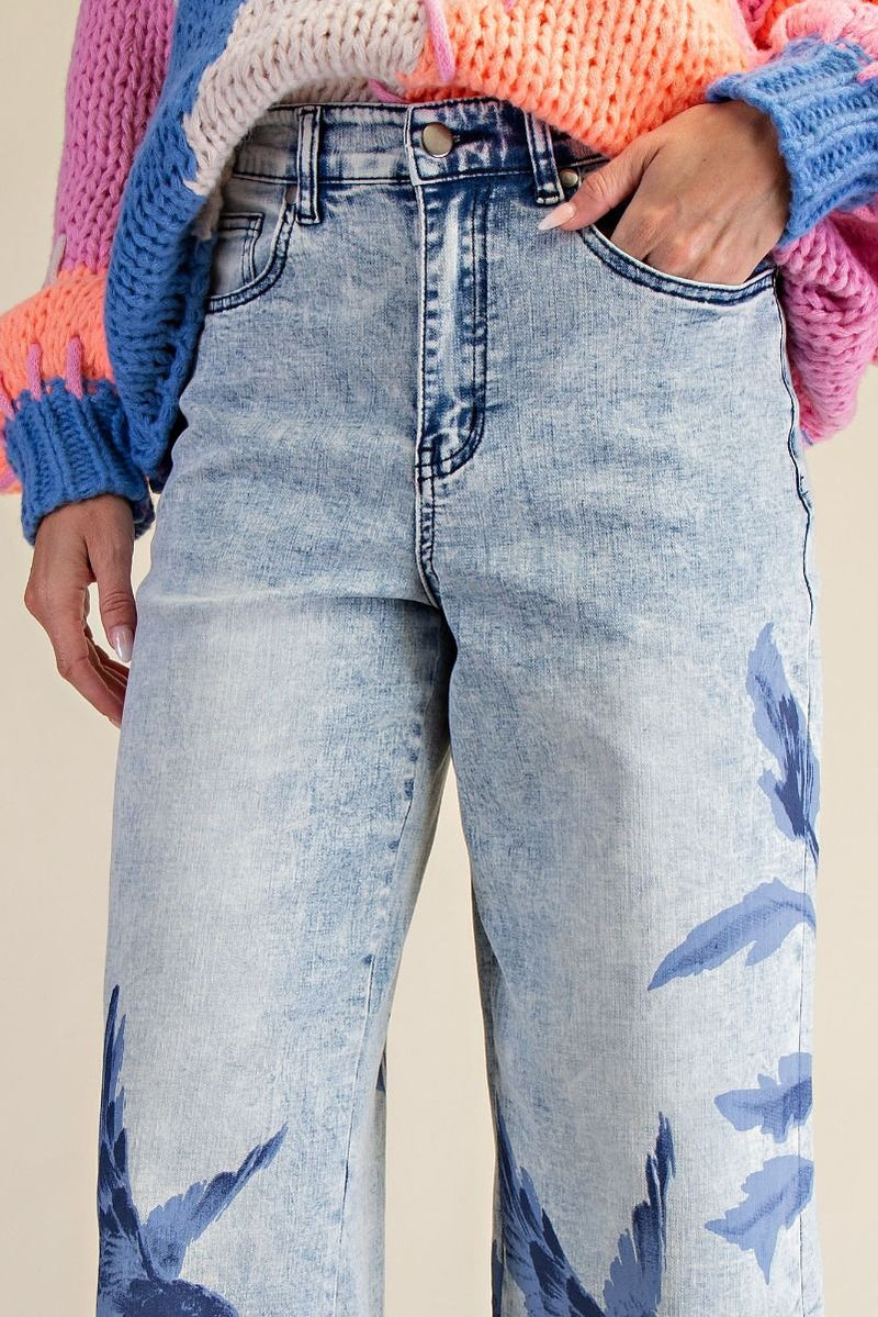 Floral Print Washed Denim Pants - Blue