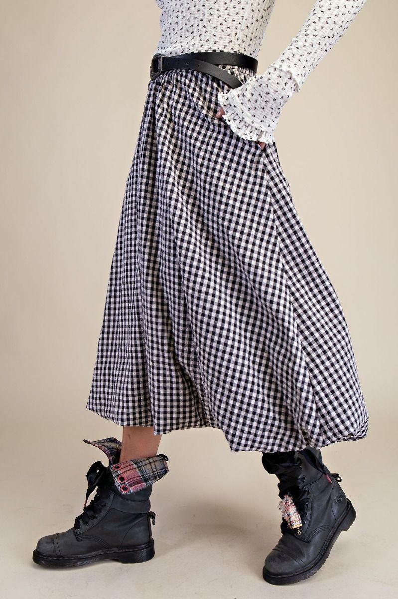Gingham Bubble Hem Skirt - Black