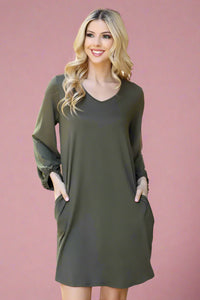 V-Neck Long Sleeve Dress - Olive