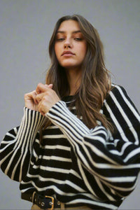 Stripe Puff Sleeve Sweater - Black