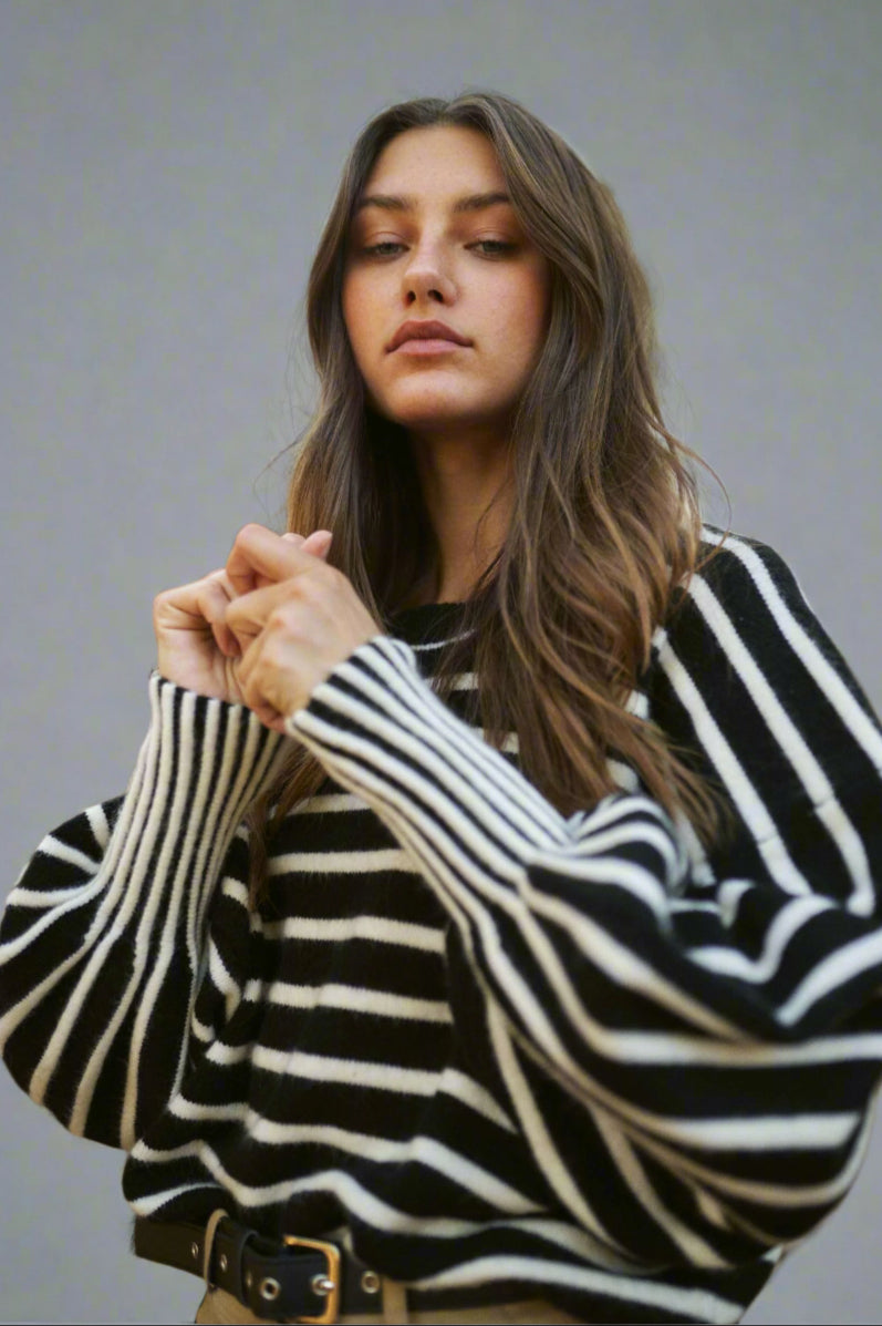 Stripe Puff Sleeve Sweater - Black
