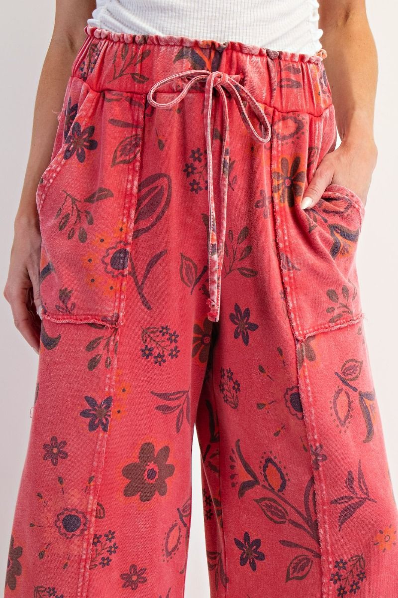 Floral Printed Terry Pants - Red