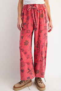 Floral Printed Terry Pants - Red