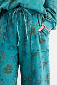 Floral Printed Terry Pants - Teal