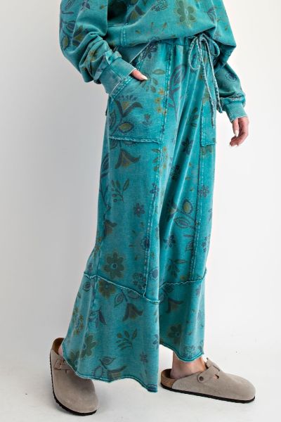 Floral Printed Terry Pants - Teal