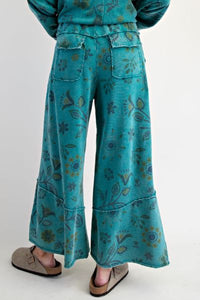 Floral Printed Terry Pants - Teal