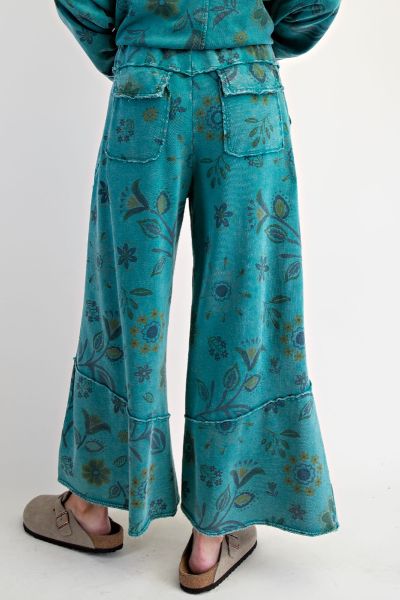 Floral Printed Terry Pants - Teal