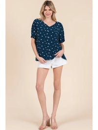 Floral Print V-Neck Blouse - Navy
