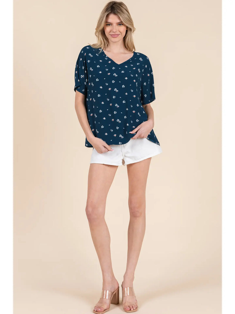 Floral Print V-Neck Blouse - Navy