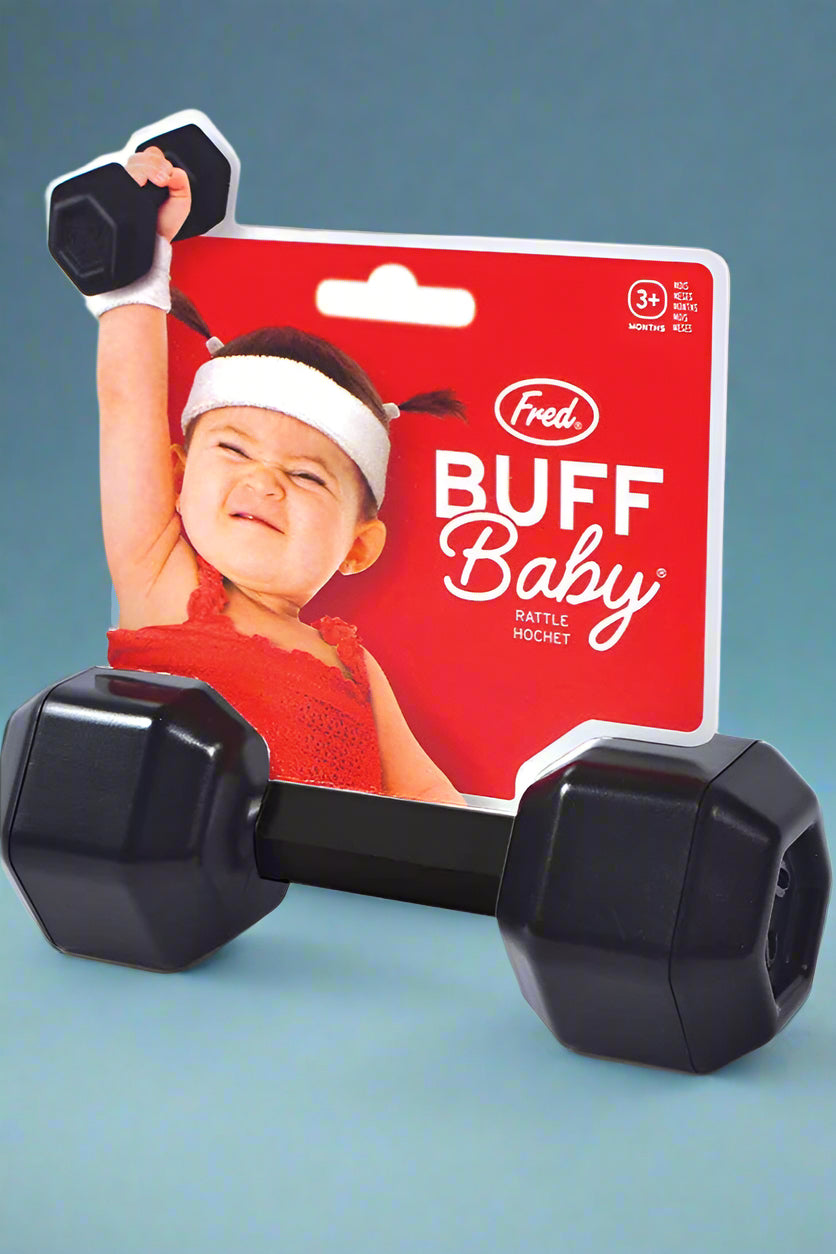 Black dumbbells with a 'Buff Baby' toy packaging featuring a child lifting weights.