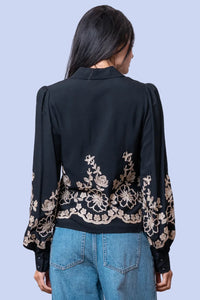 Flower Embroidered Shirt - Black
