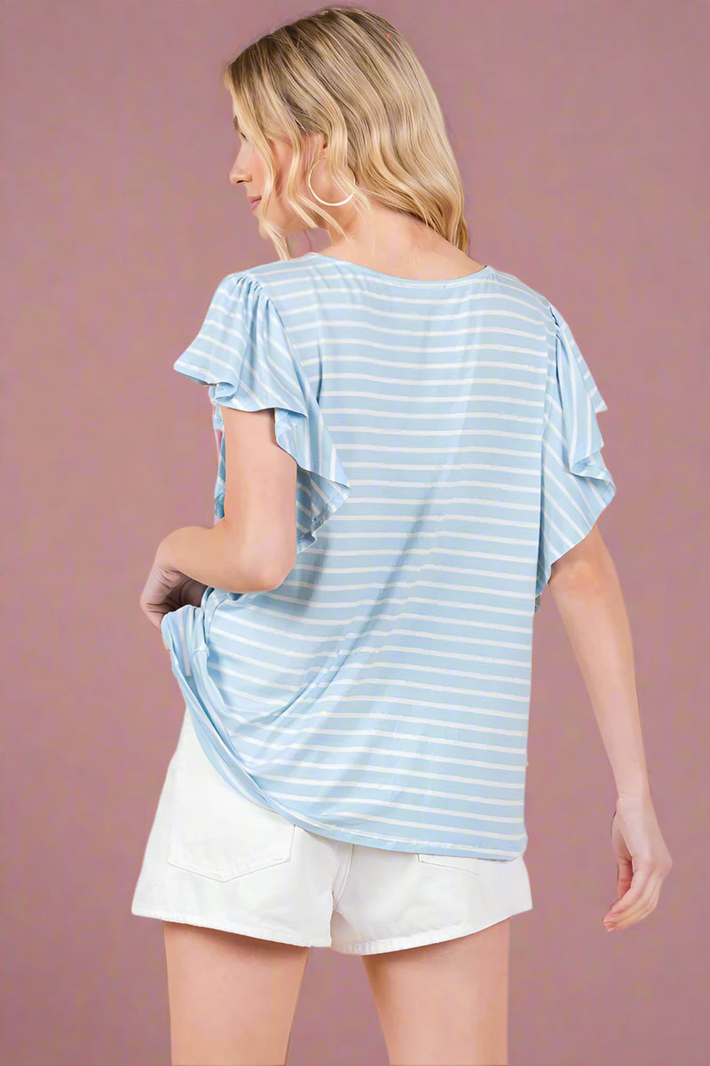 Stripe Ruffle Sleeve T-Shirt - Sky Blue