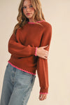 Puff Sleeve Sweater Contrast Stitch - Brown