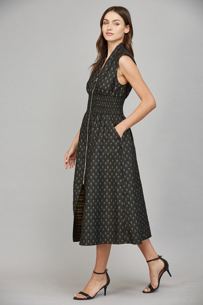 V-Neck Front Zip Midi Dress - Black