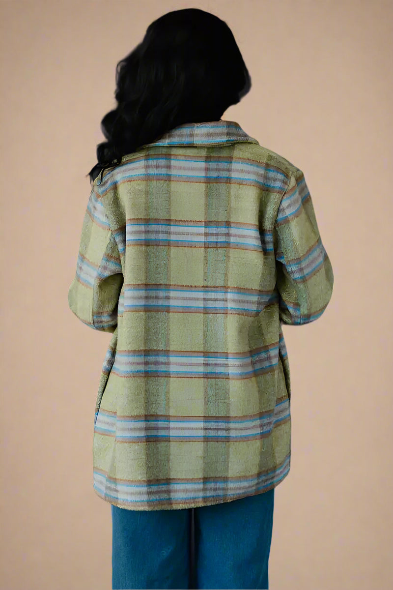 Green, Camel & Turquoise Plaid Flannel Jacket