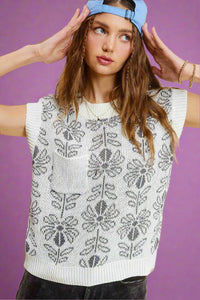 Floral Sleeveless Sweater Vest Top - Pebble