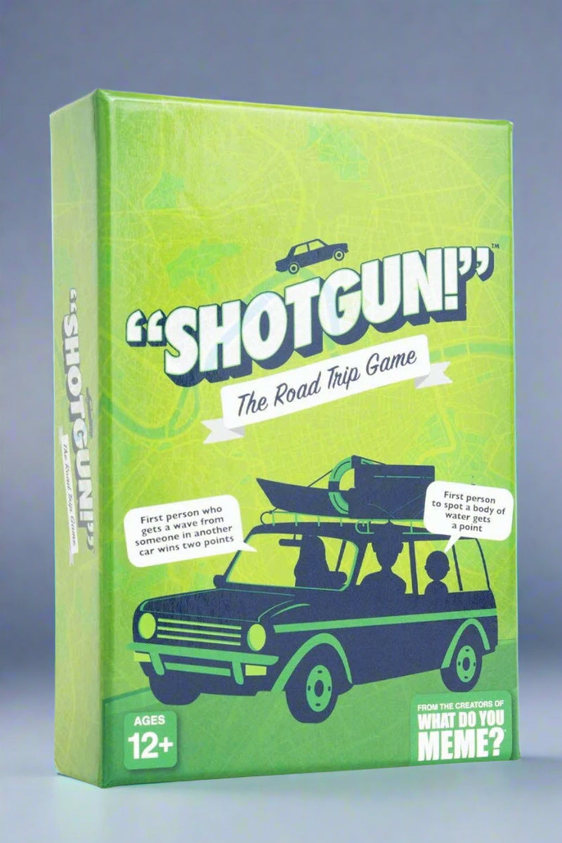 An image of the game “Shotgun!” the road trip game. For ages 12 years+.