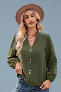 V-Neck Button Detail Blouse - Olive