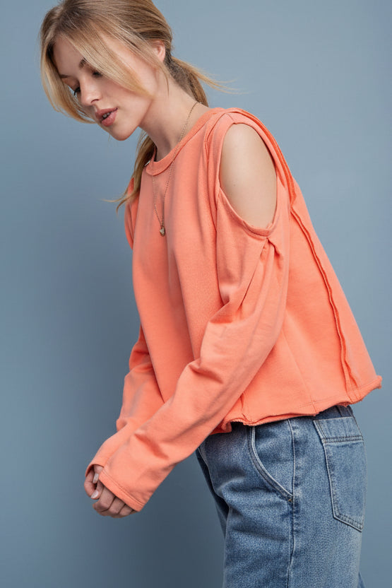Cold Shoulder Terry Crop Top - Coral
