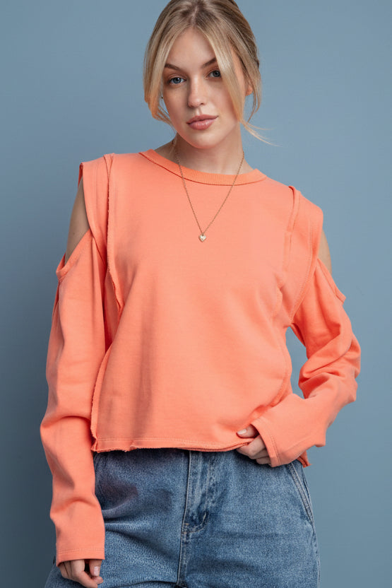 Cold Shoulder Terry Crop Top - Coral