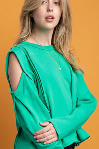 Cold Shoulder Terry Crop Top - Green