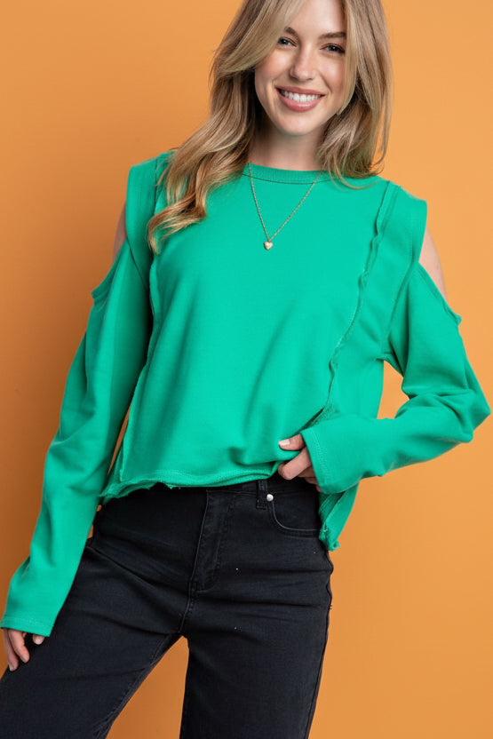 Cold Shoulder Terry Crop Top - Green