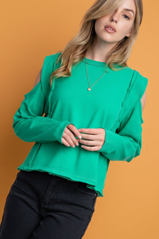 Cold Shoulder Terry Crop Top - Green