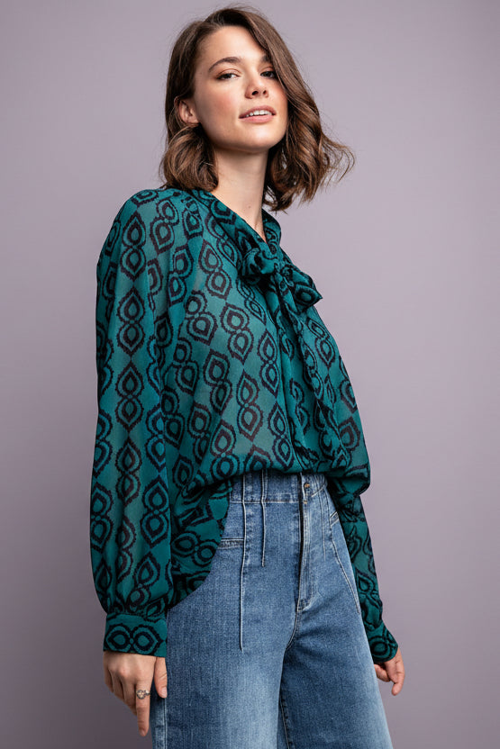 Chiffon Tie Front Blouse - Moss Green