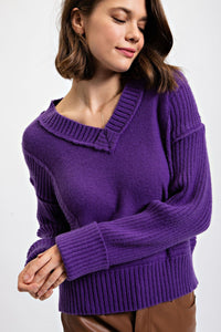 V-Neck Knitted Sweater - Violet