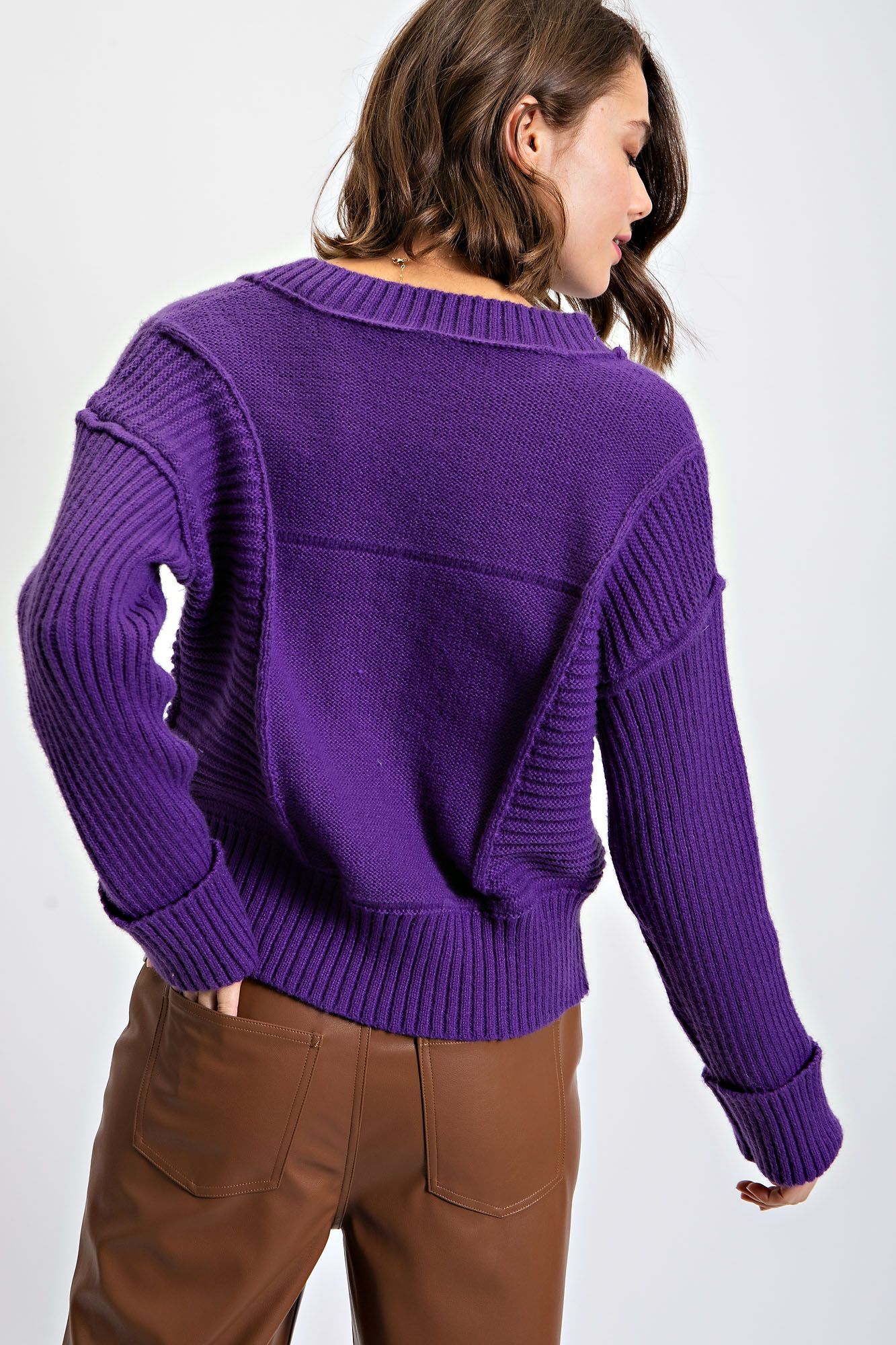V-Neck Knitted Sweater - Violet