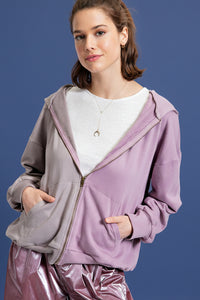Color Block Zip Up Hoodie - Lavender