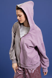 Color Block Zip Up Hoodie - Lavender