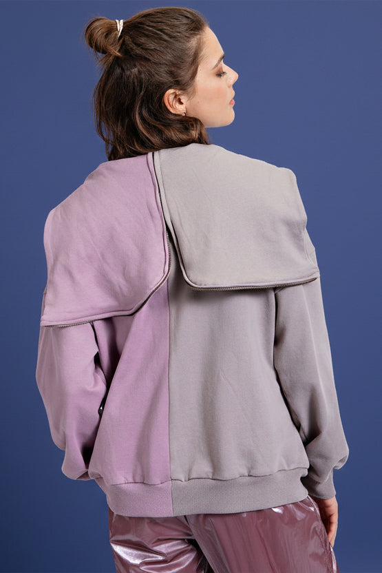 Color Block Zip Up Hoodie - Lavender