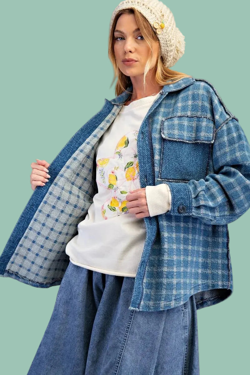 Button Down Plaid Shacket Easel Contrast Blue Exposed Seams Buttons – Spot