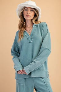Textured Thermal Washed Pullover - Teal
