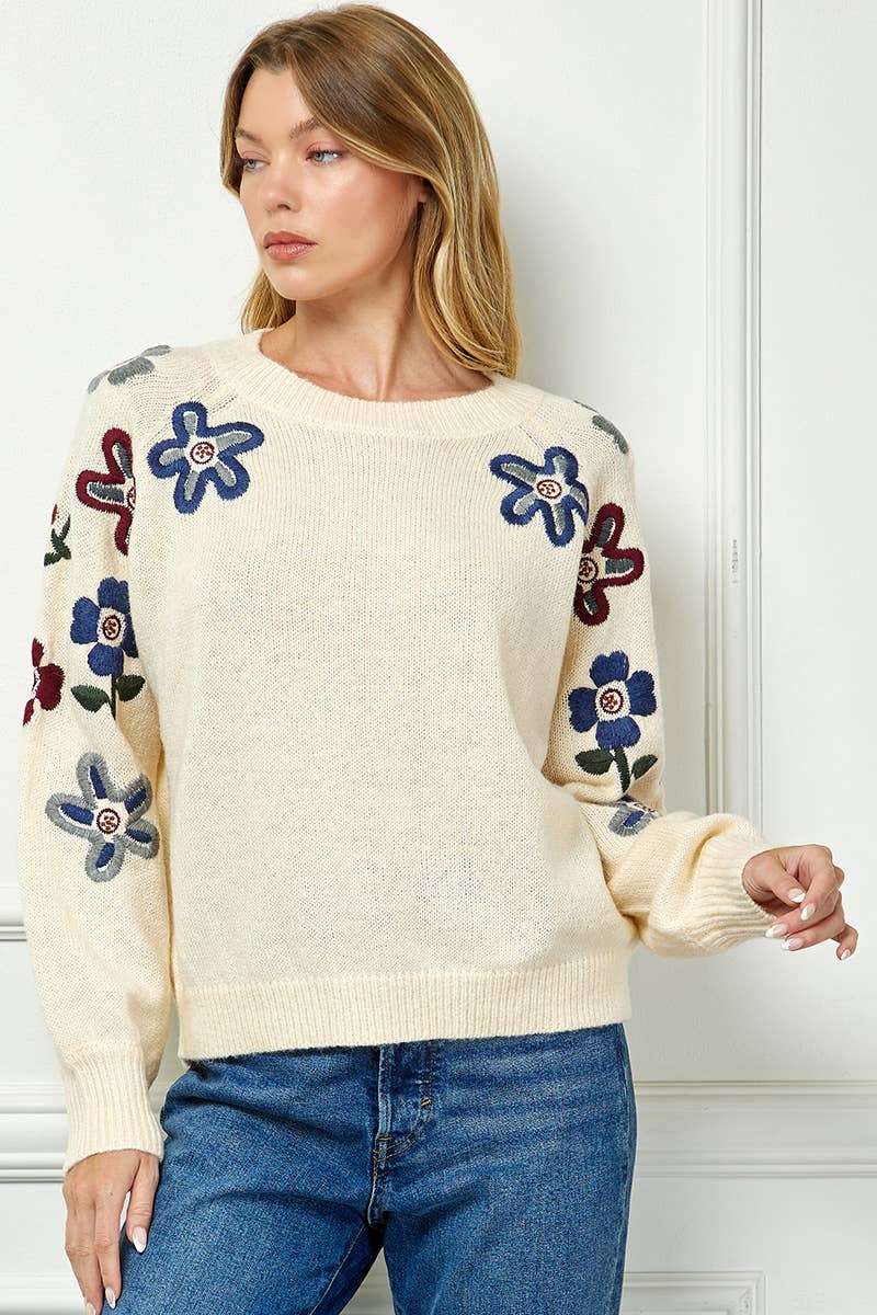 Sweater With Floral Sleeve Embroidery