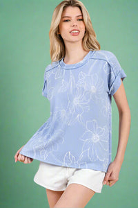 Rib Knit Floral T-Shirt - Light Blue