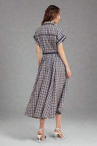 Woven Plaid Midi Dress - Navy