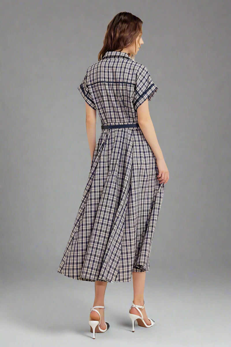 Woven Plaid Midi Dress - Navy