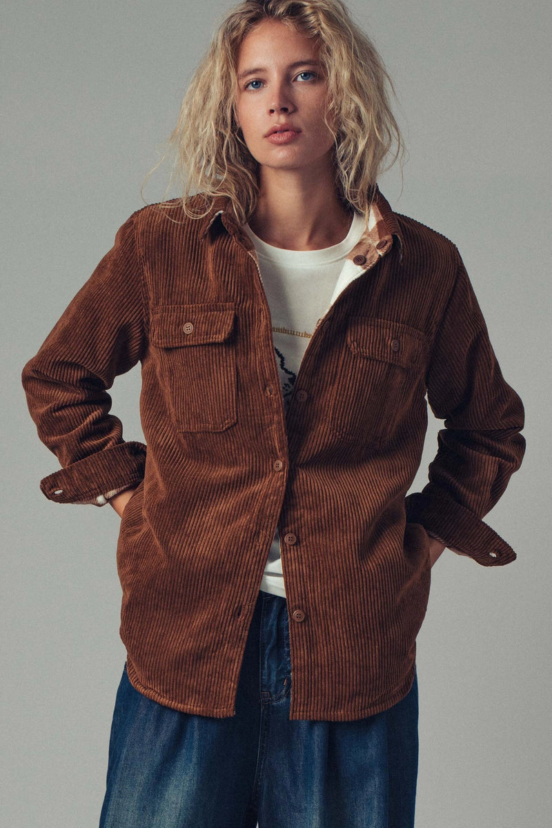 Reversible Plaid Corduroy Shacket - Brown