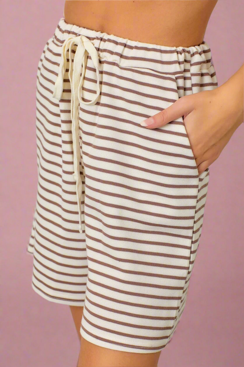 Striped Elastic Waist Shorts - Mocha